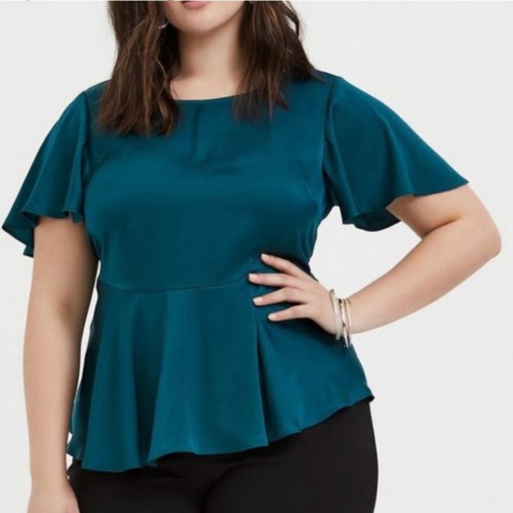 Torrid Dark Teal‎ Charmeuse Satin Flutter Sleeve Peplum Babydoll Blouse 3X (clo)